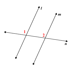 Two parallel lines cut by a transversal n, with angles labeled 1 through 8