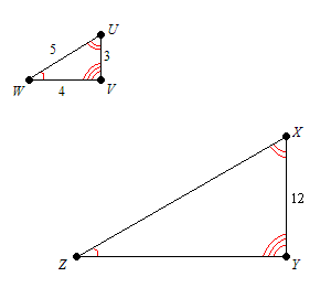 Two similar trianges UVW and XYZ with UV = 3, VW = 4, WU = 5, and XY = 12